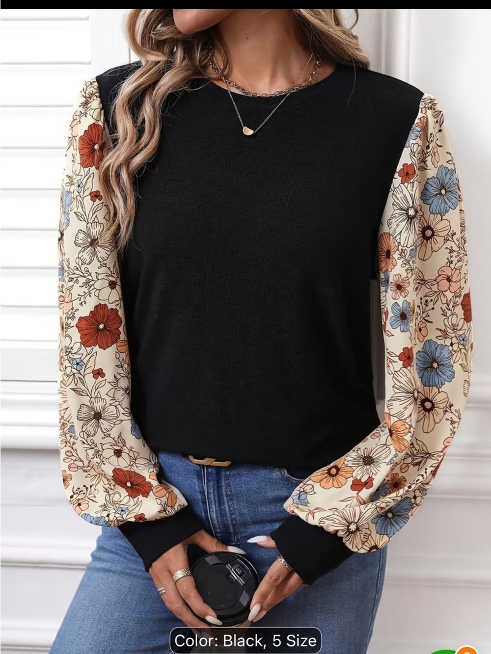 Black Floral Puff-Sleeve Women's Top size L brand with tags